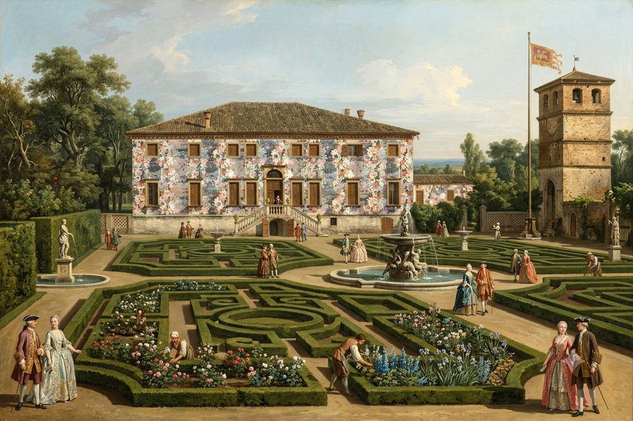Paesaggio immaginario di Villa Roberti ambientata nel '700 con il mio progetto site specific, elaborazione con IA, 2026