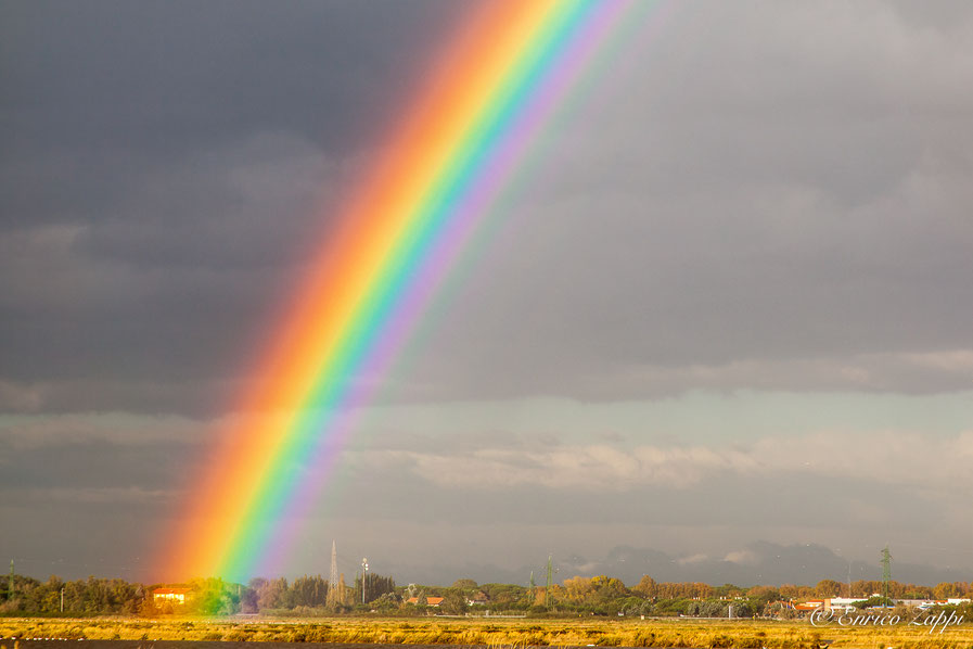 Un meraviglioso arcobaleno alle Saline di Cervia. Che sia foriero di un bel sereno? Comunque sia la scomposizione della luce nei suoi colori primari, messa ancor più in risalto dalle nubi di un bel color grigio, è un fenomeno che ancora mi emoziona!