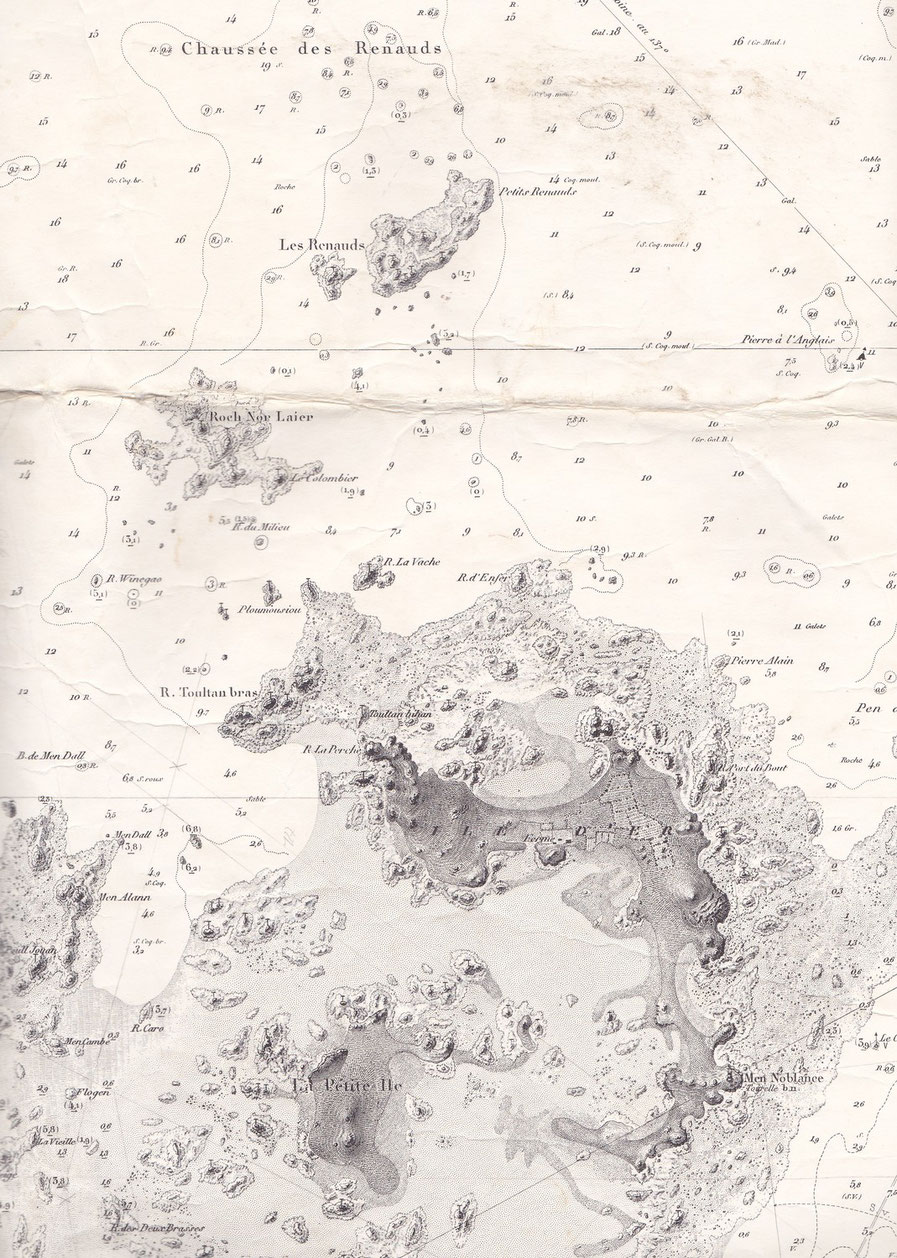 L’île d’Er ancienne carte SHOM 972,  la corvette « Assemblée Nationale » a sombrée sur le plateau des Petits Renaud