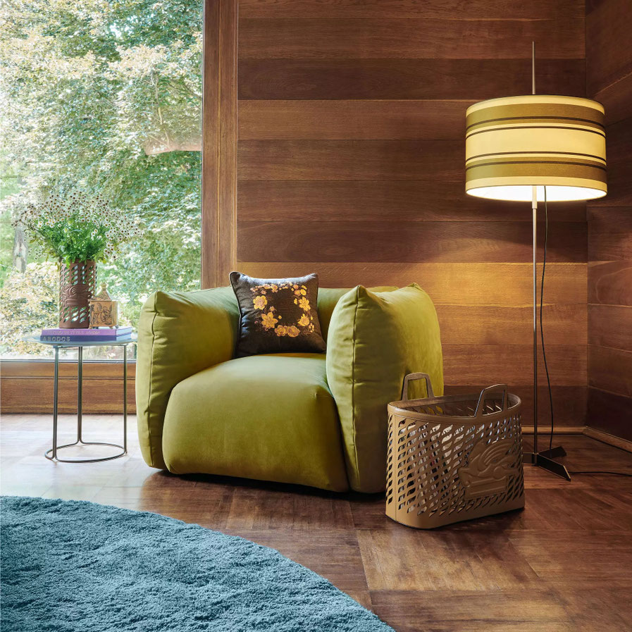 Cushy seating collection by Luca Tornaghi for Etro Home, armchair defined by a compact composition of soft volumes forming a continuous and grounded presence