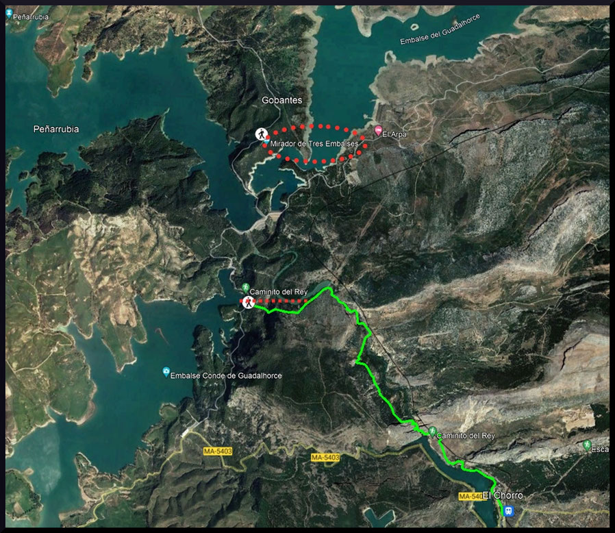 Capture écran de la carte Google Earth où j'ai rentré la randonnée du Caminito del Rey (en vert) et celle de los Tres Embalses trop courte pour être visible