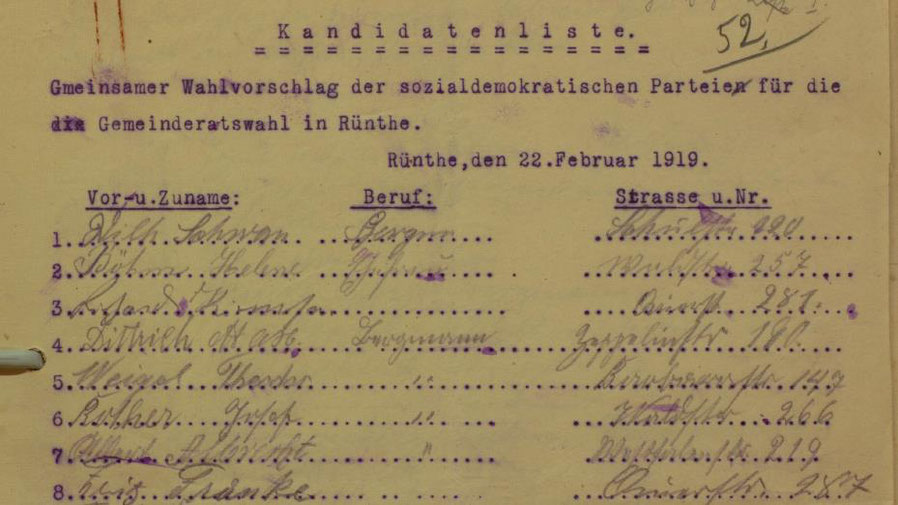 Wahlliste der SPD Rünthe aus dem Jahre 1919.