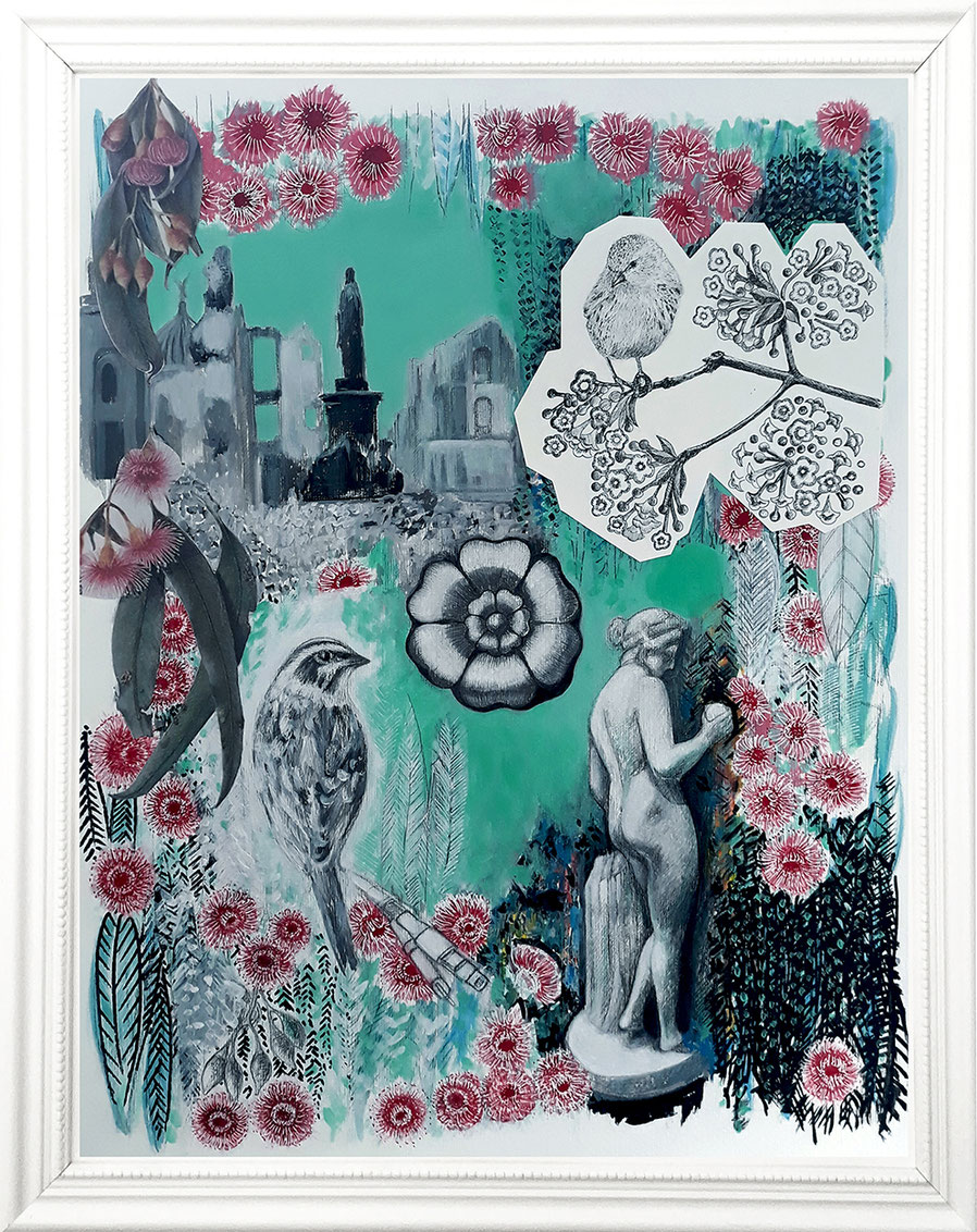 Capriccio postmoderno, tecnica mista e collage su carta, cm 40x50, 2022