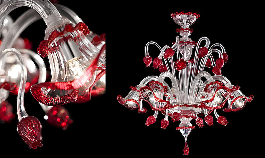 Lampadario Rosso Valentino 6 luci in vetro di Murano con tulipani rossi