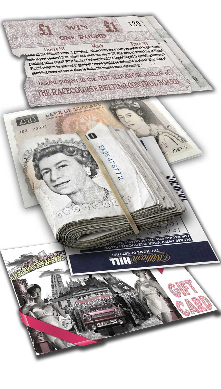 Infographic: British culture classroom topics printed on old betting slip and a wad of banknotes