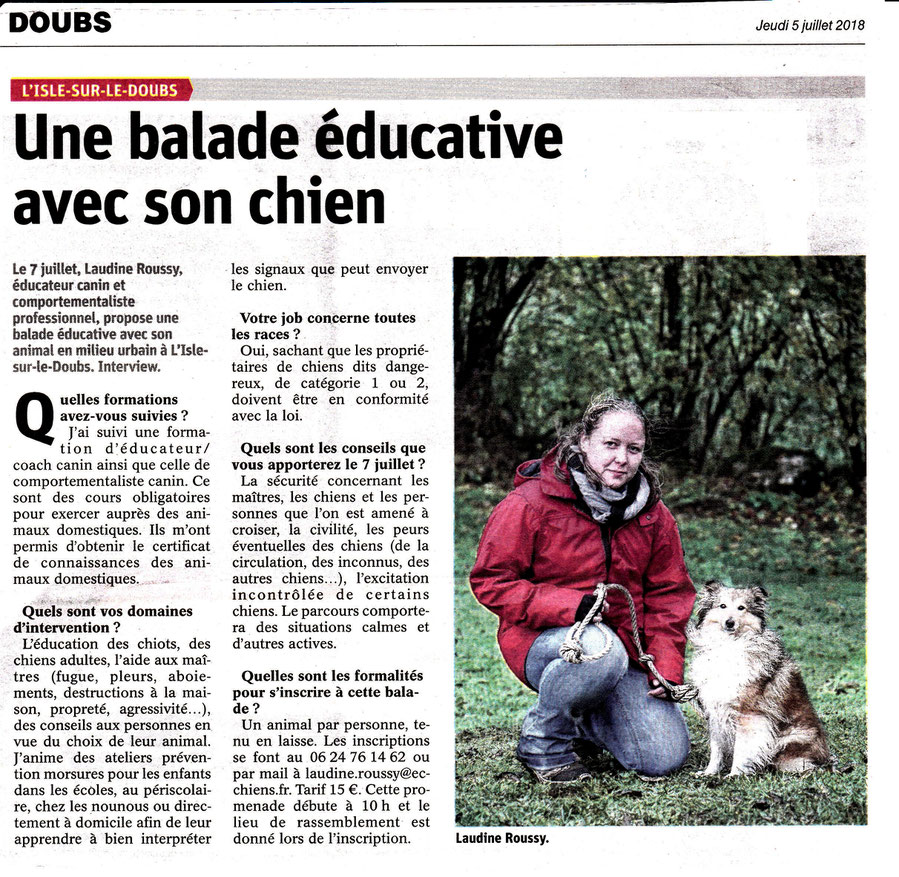 Article dans l'Est républicain le jeudi 5 juillet 2018 pour la balade éducative de l'Isle sur le Doubs organisée par EC Chiens - Education canine 