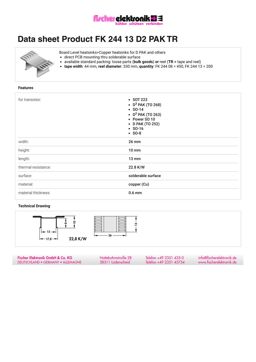 FK-244-13-D2-PAK | W26mm x H10mm x L13mm | SMDヒートシンク | Fischer Elektronik