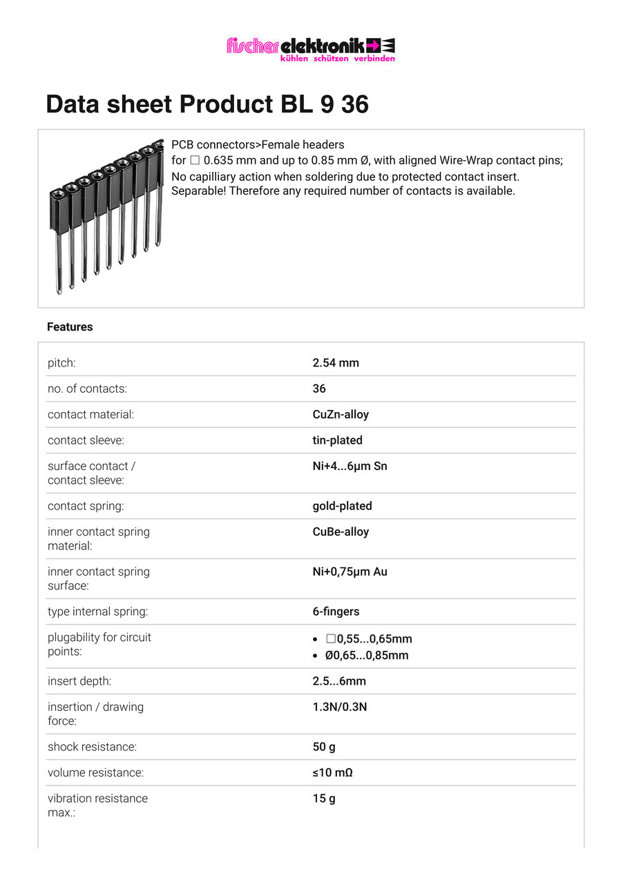 BL-9-36 | 2.54mmピッチ 連結ソケット 36極  ロングピンタイプ Fischer Elektronik