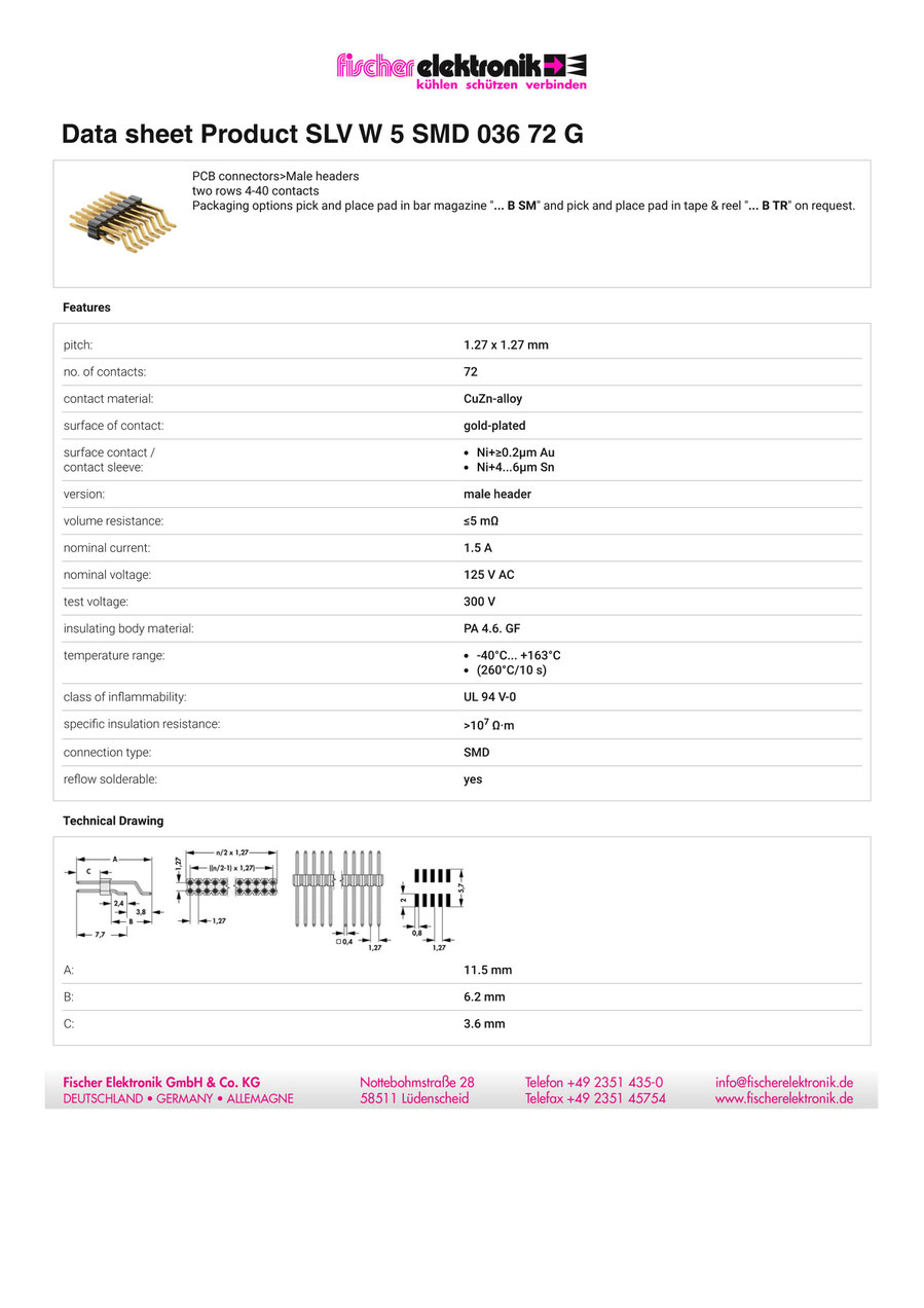 SLV-W-5-SMD-036-72-G | 1.27mm x 1.27mm 表面実装用ピンヘッダー 2列 ライトアングル 72ピン