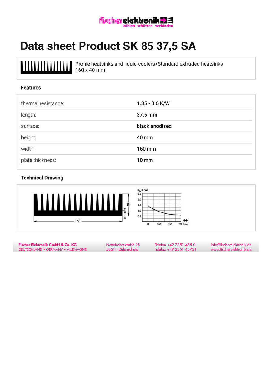 SK85-37,5-SA | W160mm x H40mm x L37.5mm | 押出成形ヒートシンク | Fischer Elektronik