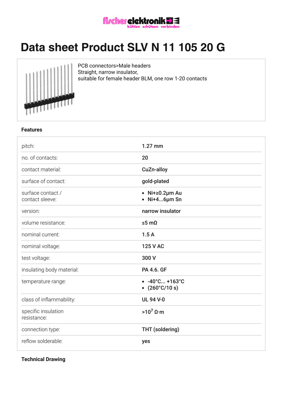 SLV-N-11-105-20-G | 1.27mmピッチ スルーホール用ピンヘッダー 20ピン連結（0.4mm角ピン）