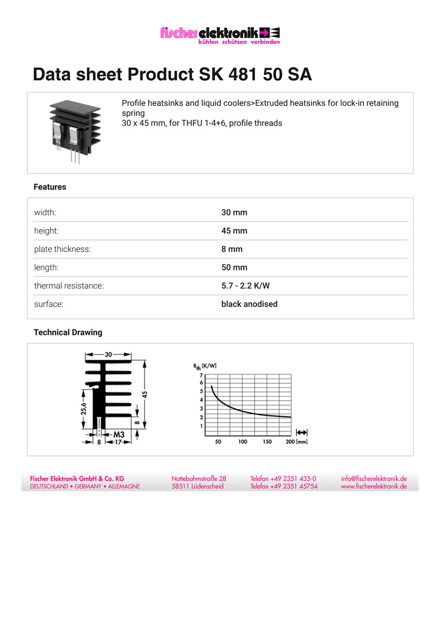 SK-481-50-SA | 30x45x50mm | クリップ固定用押出成形ヒートシンク | Fischer Elektronik