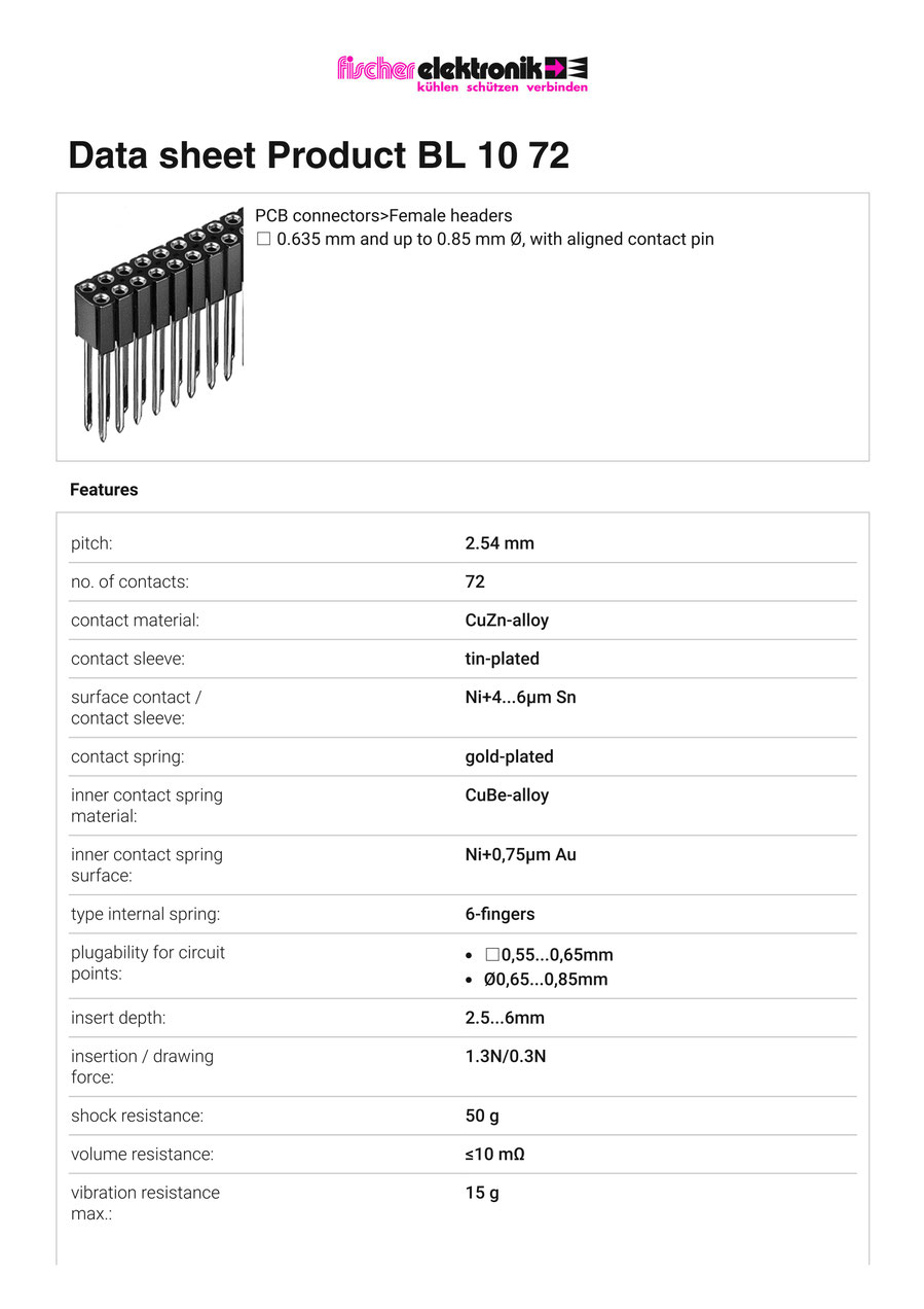 BL-8-72 | 2.54mmピッチ 連結ソケット 72極  2列 ライトアングル Fischer Elektronik