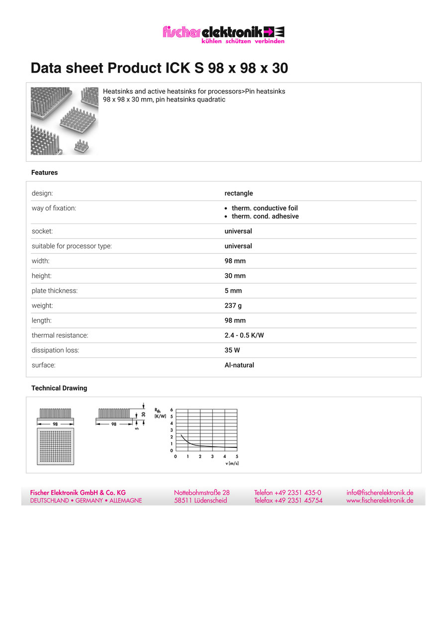 ICK S 98 x 98 x 30  | Al99.5 | 角型ピンフィンヒートシンク | Fischer Elektronik