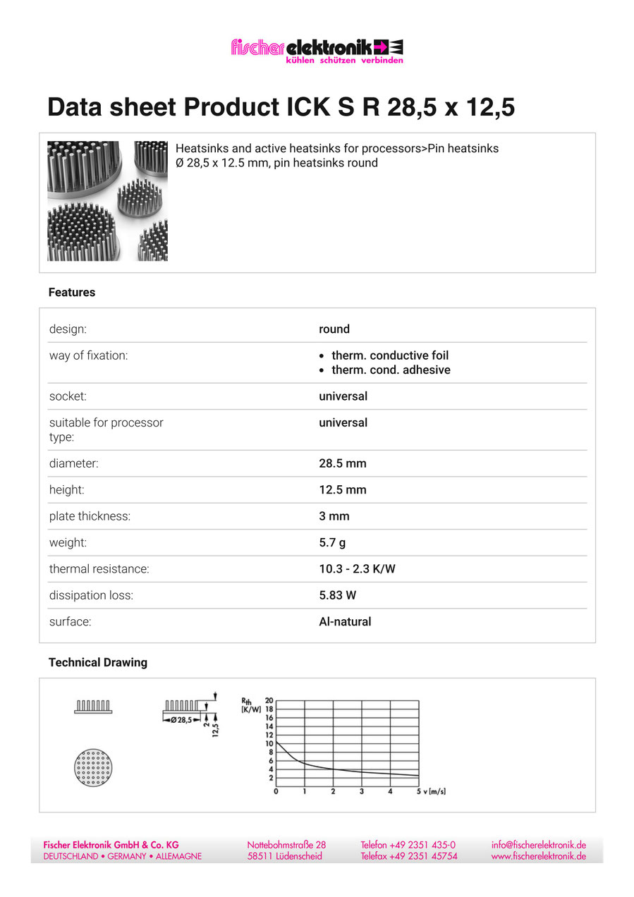 ICK S R 28,5 x 12,5 | 28.5mmφ x 12.5mm | 丸型ピンフィンヒートシンク（Al99.5) | Fischer Elektronik