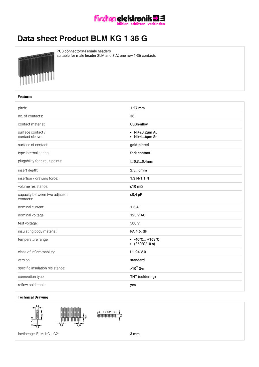 BLM-KG-1-36-G | 1.27mmピッチ 連結ソケット　Fischer Elektronik