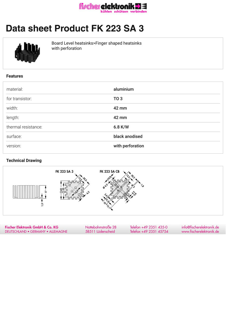 FK-223-SA-3 | 6.8 K/W | TO-3 | フィンガーシェイプヒートシンク| Fischer Elektronik
