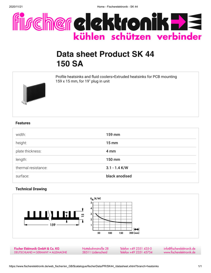 SK44-150-SA 19インチプラグインユニット用 Fischer 押出成型 ヒートシンク