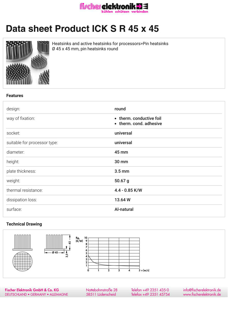 ICK S R 45 x 45 | 45mmφ x 45mm |フィッシャー | 丸型ピンヒートシンク