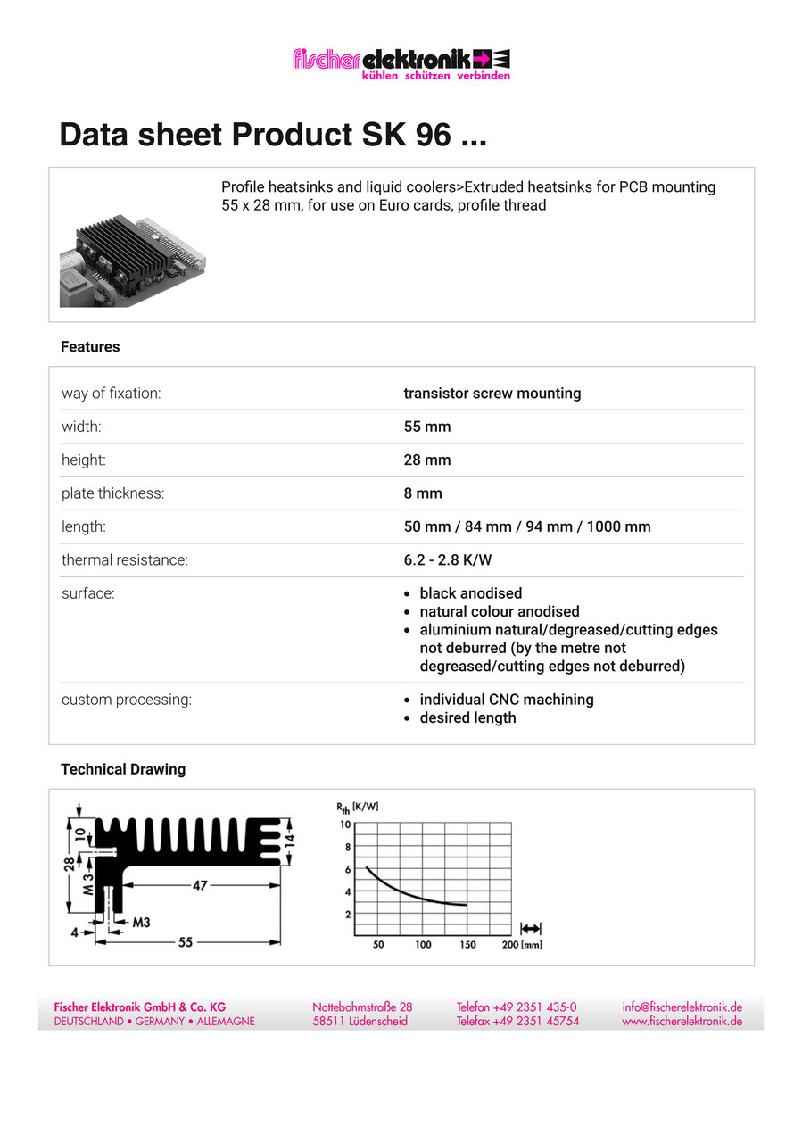 SK-96 | 基板取付用アルミ押出ヒートシンク W55mm x H28mm| Fischer Elektronik