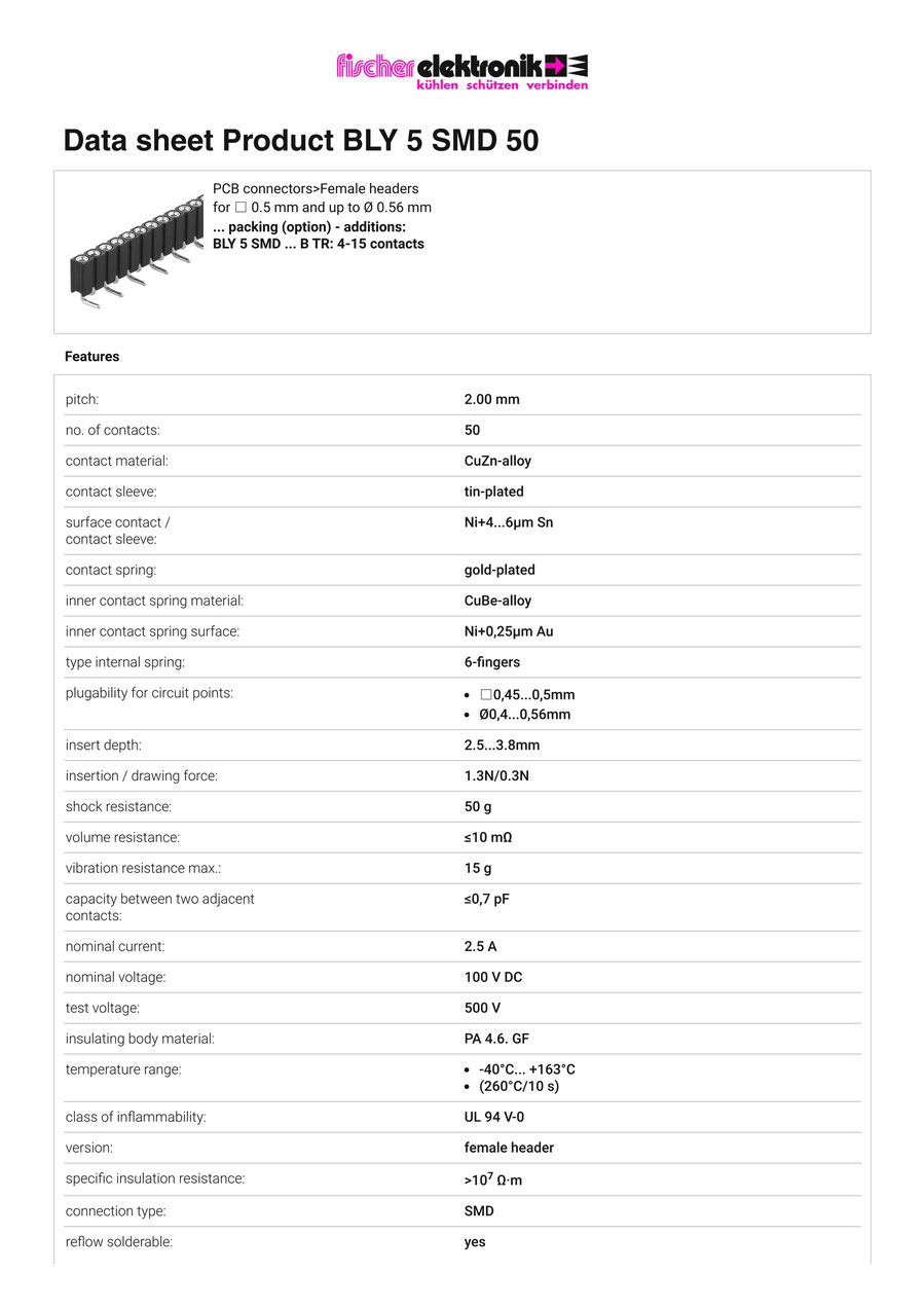 BLY 5 SMD 50 | 2mmピッチ 表面実装用連結ソケット 50極　Fischer Elektronik