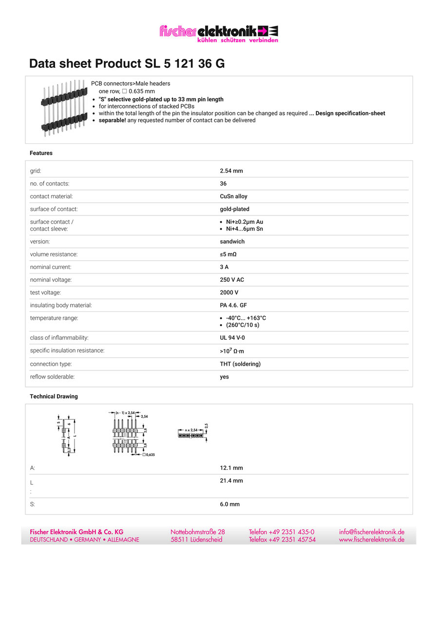 SL 5 121 36 G |  2.54mmピッチ段重ね用ピンヘッダ （基板間12.1 mm）