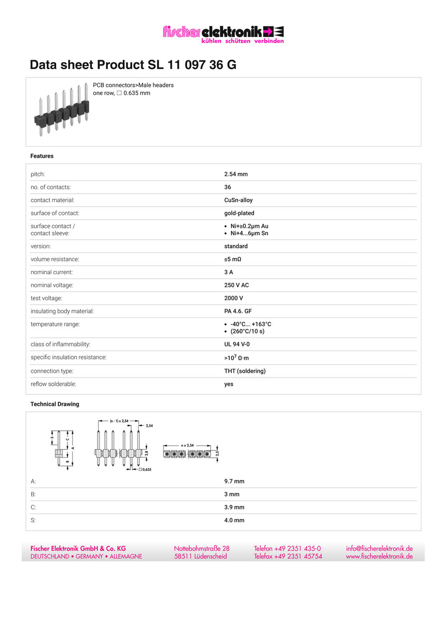 SL-11-097-36-G | 2.54mmピッチ ピンヘッダー 36ピン連結