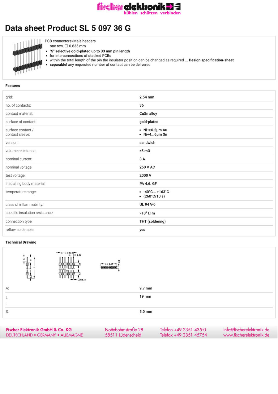 SL 5 097 36 G |  2.54mmピッチ段重ね用ピンヘッダ （基板間9.7 mm）