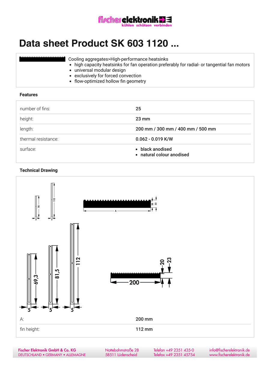 SK-603-1120| 強制空冷用ヒートシンク（ハイパフォーマンス 中空フィン型） | Fischer Elektronik