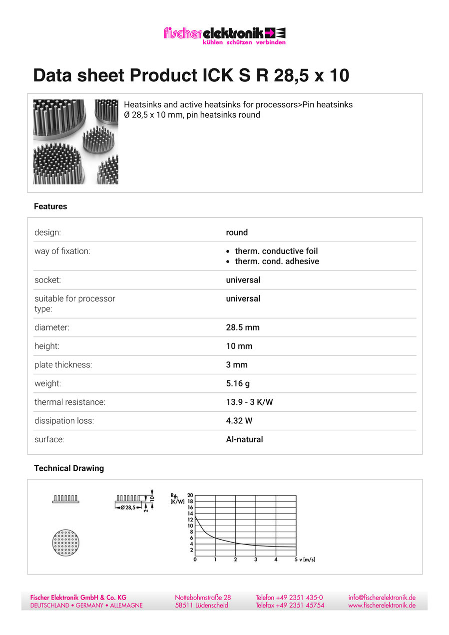 ICK S R 28,5 x 10 | 28.5mmφ x 10mm | 丸型ピンフィンヒートシンク（Al99.5) | Fischer Elektronik