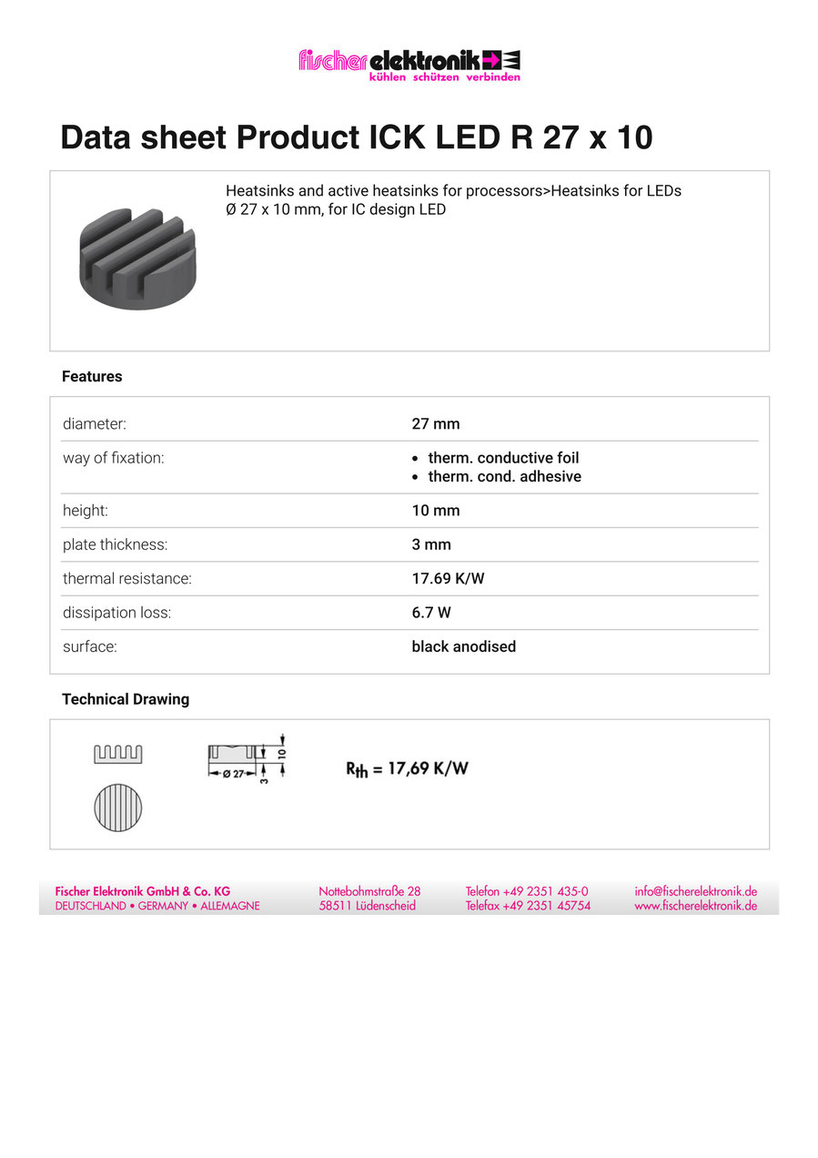 ICK LED R 27 x 10（27mm径）Fischer Elektronik LEDヒートシンク