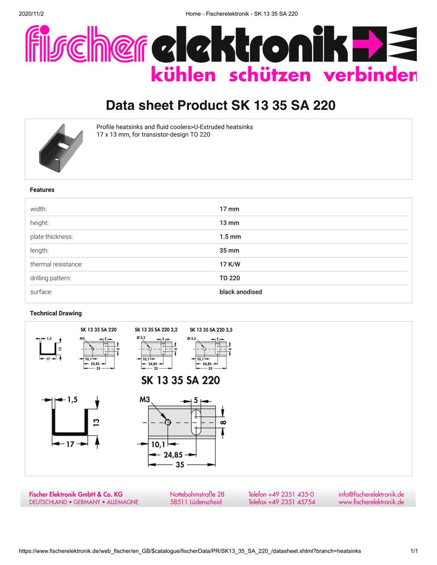 SK 13 35 SA 220（ SK13-35-SA-22）Fischer 押出成形ヒートシンク