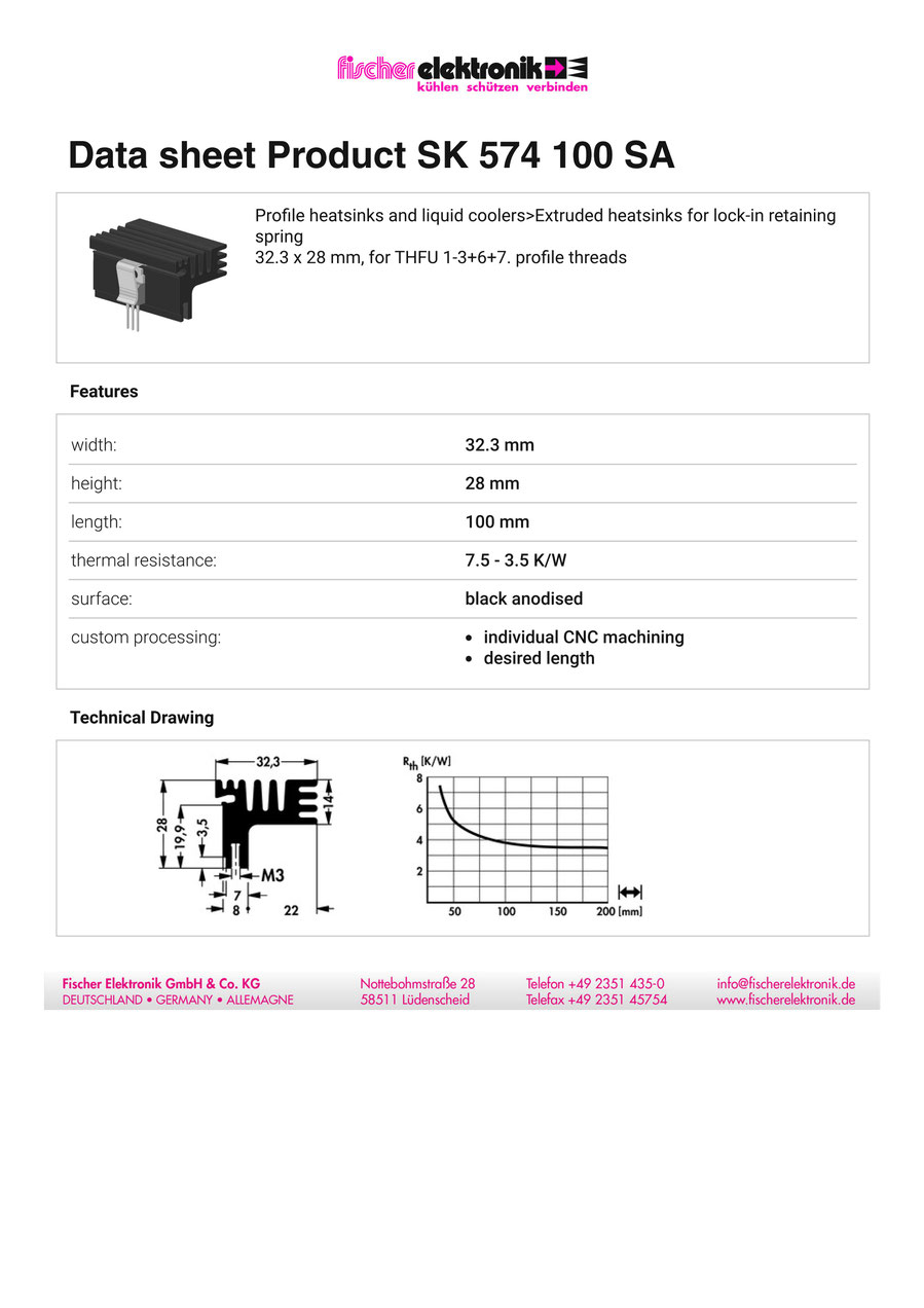 SK-574-100-SA | Fischer Elektronik 押出成形ヒートシンク クリップ固定用