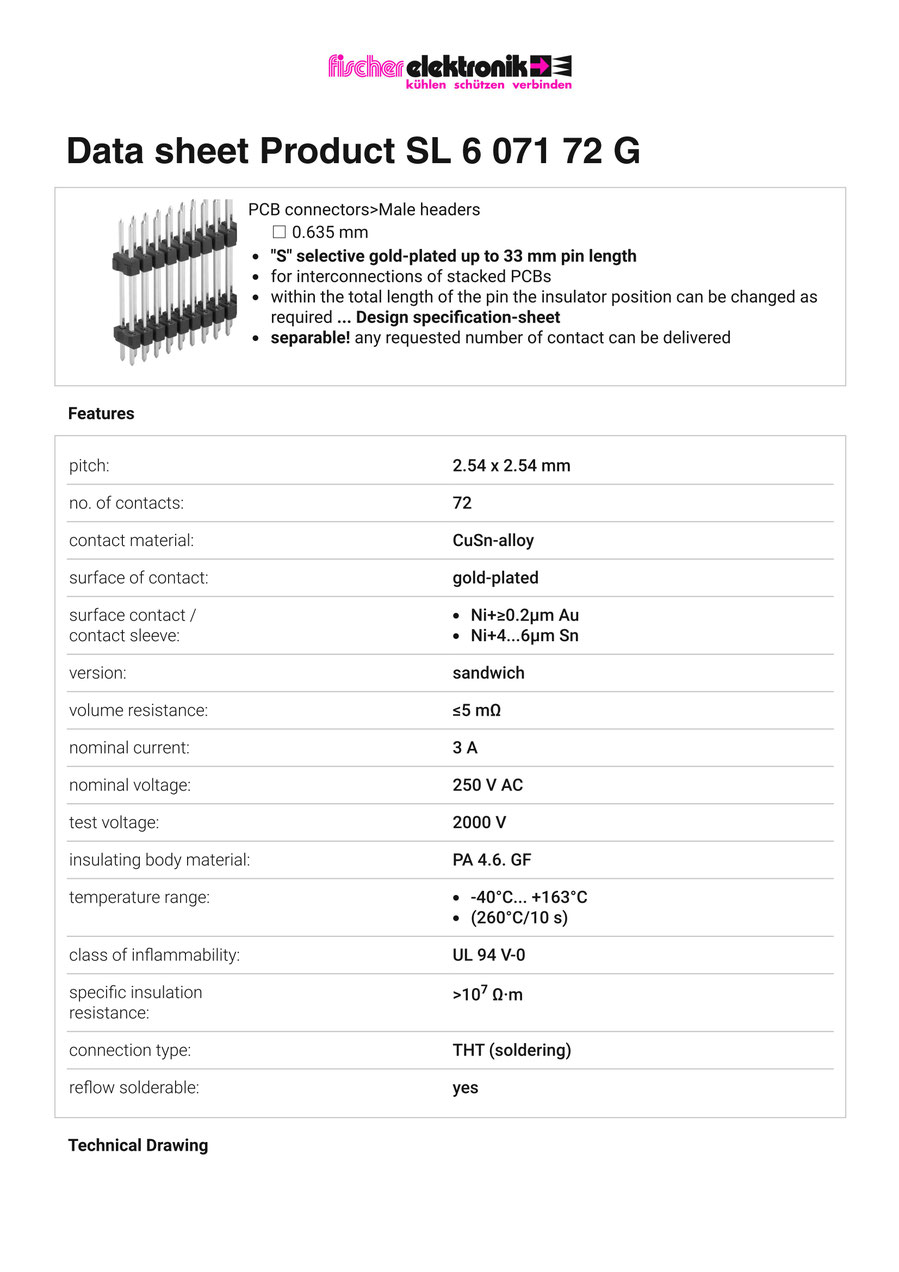 SL-6-071-72-G | 2.54mmピッチ 基板対基板 段重ね用ピンヘッダー2列（基板間7.1mm）