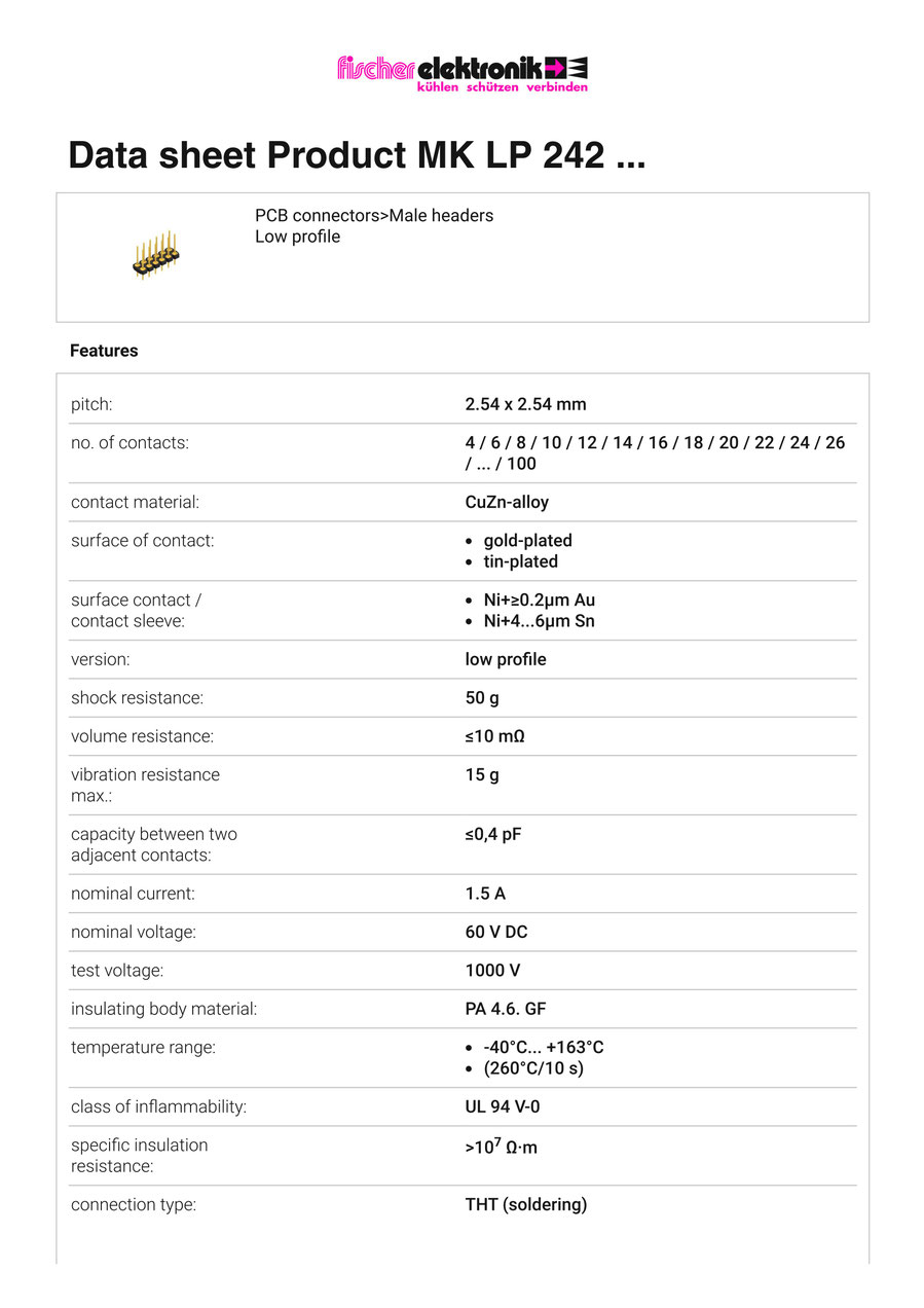 MK-LP-242 | 2.54mmピッチ 連結ピン 0.5mm径丸ピン ロープロファイル　Fischer Elektronik