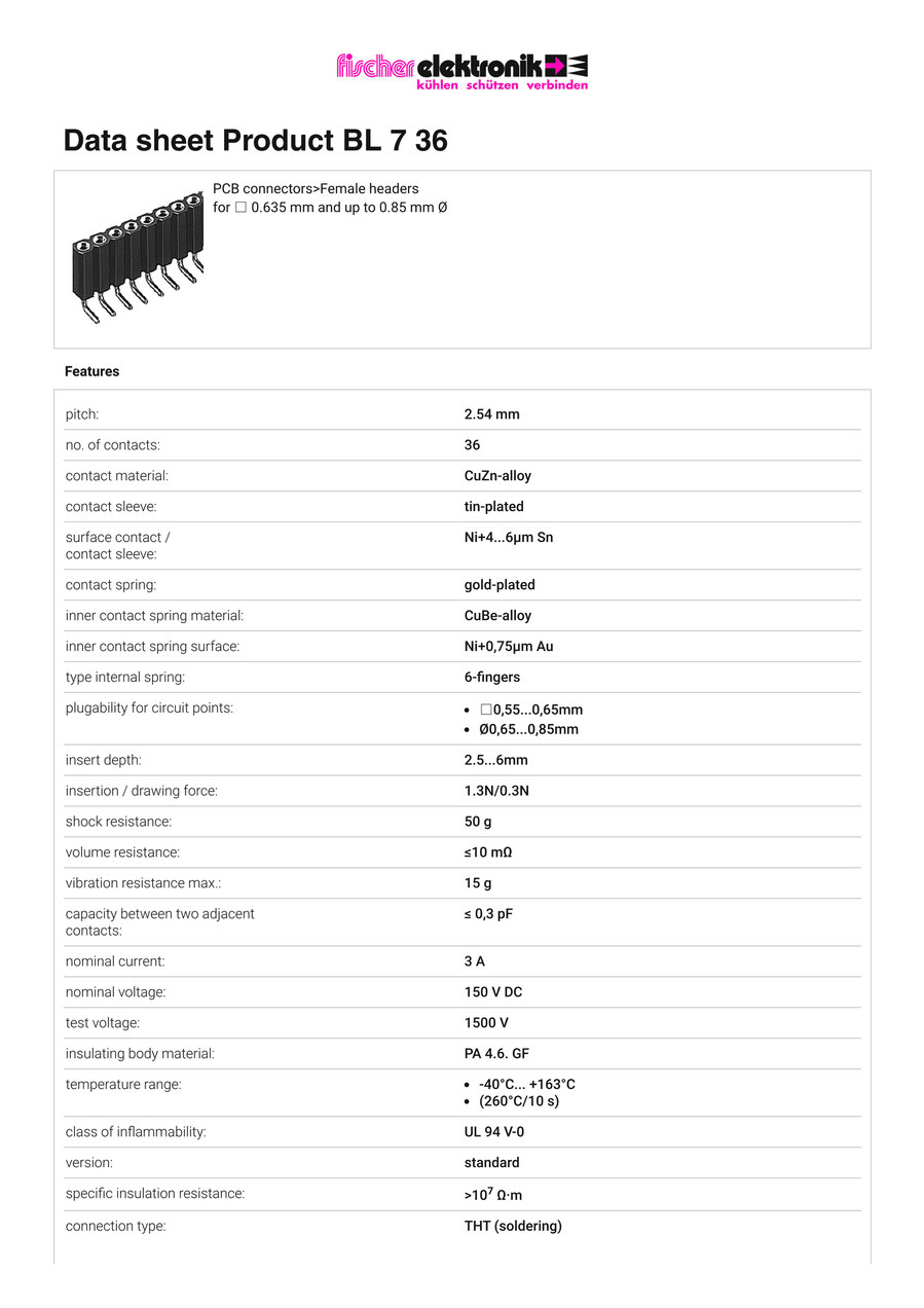 BL-7-36 | 2.54mmピッチ 連結ソケット 36極 ライトアングル　Fischer Elektronik