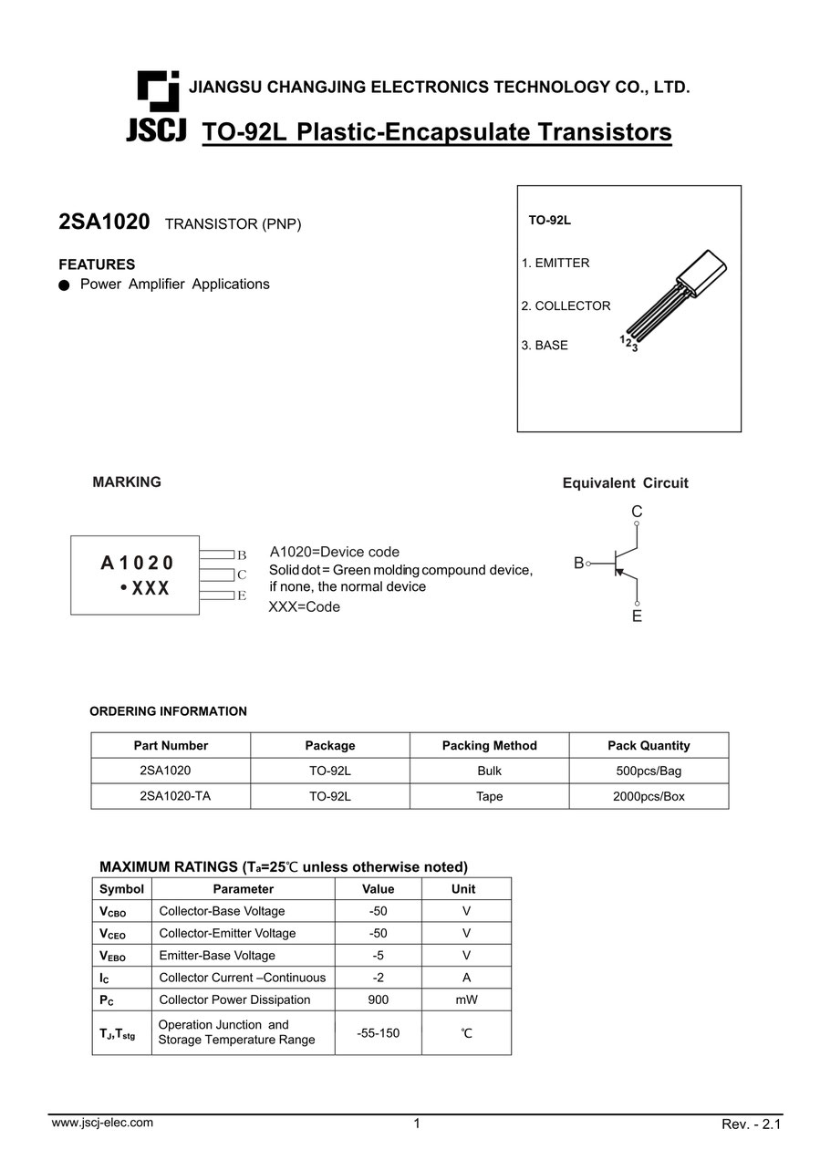 2SA1020（TO-92L）トランジスタ | JSCJ製