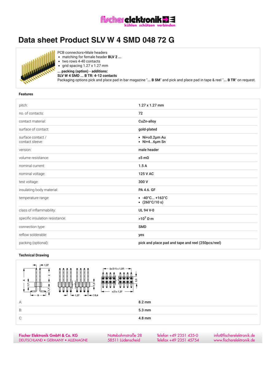 SLV-W-4-SMD-048-72-G | 1.27mm x 1.27mm ピンヘッダー 2列 72ピン