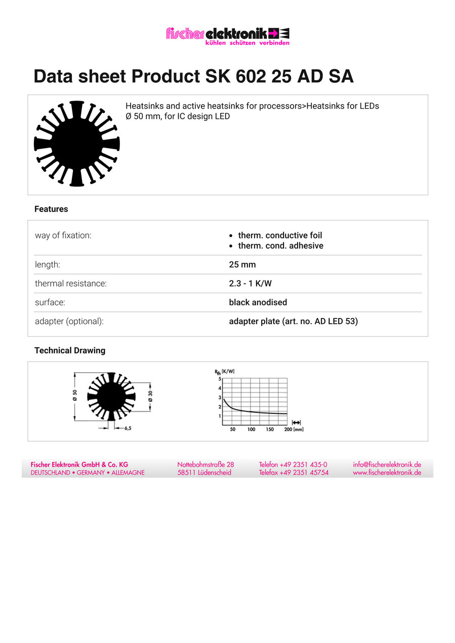 SK-602-25-AD-SA |50mm径LEDヒートシンク アダプタープレート付き Fischer Elektronik