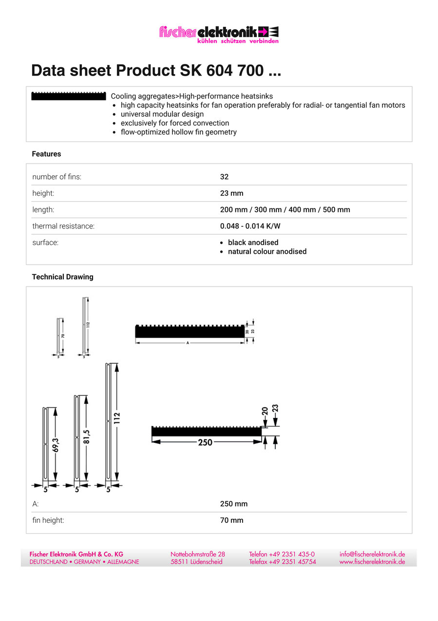 SK-604-700| 強制空冷用ヒートシンク（ハイパフォーマンス 中空フィン型） | Fischer Elektronik
