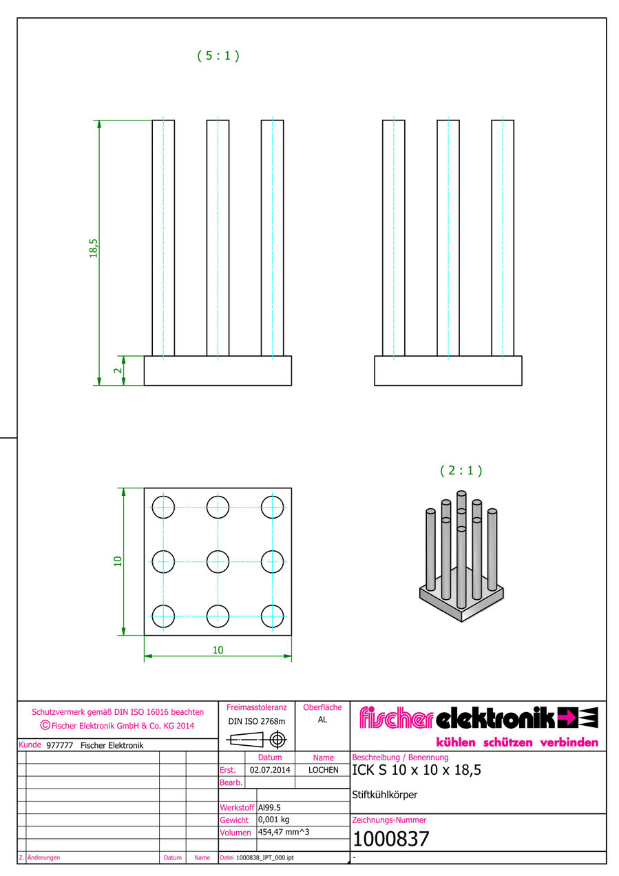 ICK S 10x10x18,5 | Al99.5 | 角型ピンフィンヒートシンク | Fischer Elektronik