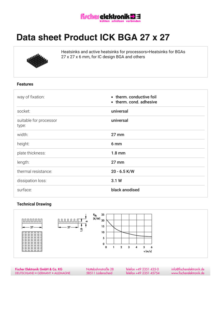 ICK BGA 27 x 27 | BGA用ヒートシンク | Fischer Elektronik