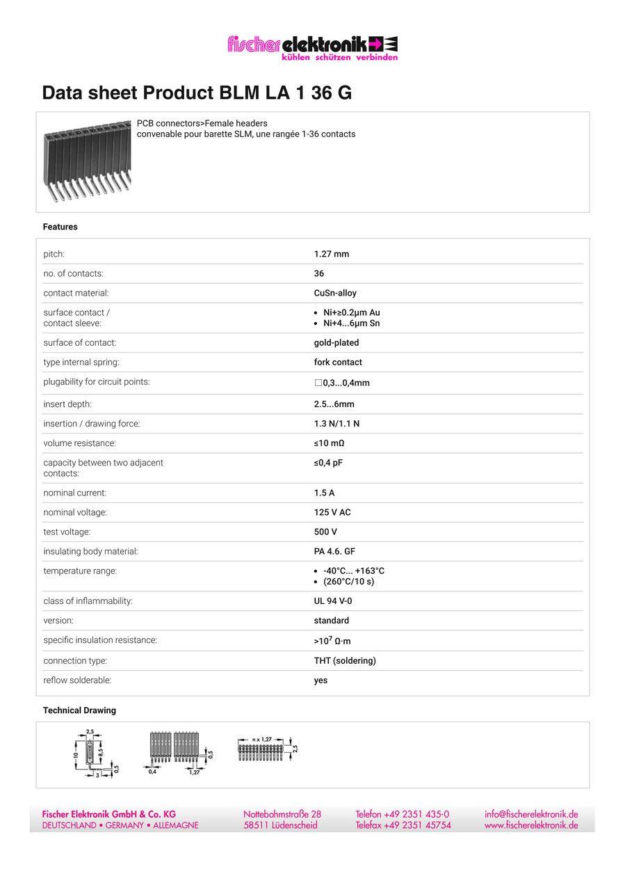 BLM-LA-1-36-G | 1.27mmピッチ 連結ソケット 36極 ライトアングル　Fischer Elektronik