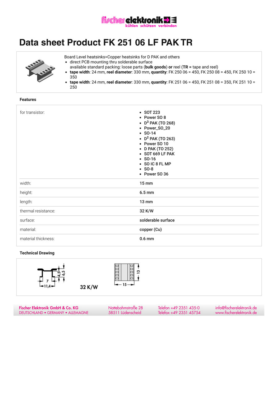 FK 251 06 LF PAK Fischer 表面実装用ヒートシンク　