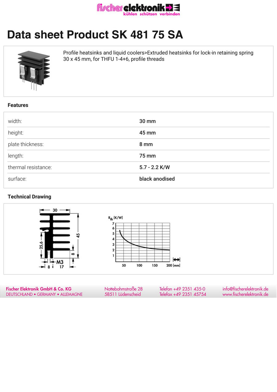 SK 481 75 SA Fischer Elektronikトランジスタ固定スプリング用押出ヒートシンク