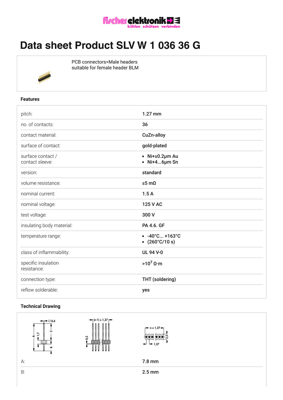SLV-W-1-036-36-G | 1.27mmピッチ スルーホール用ピンヘッダー 36ピン（0.4mm角ピン）