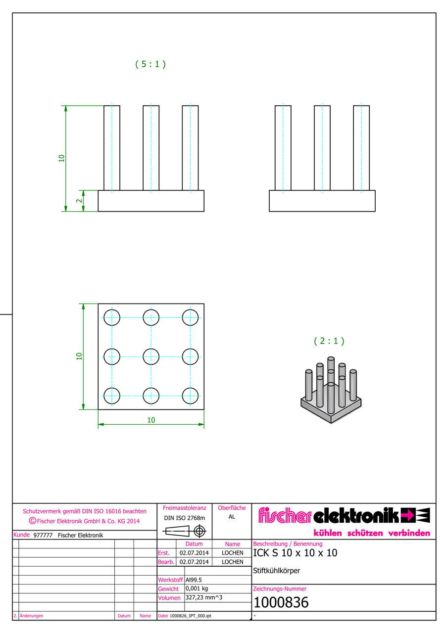 ICK S 10x10x10 | 角型ピンフィンヒートシンク ｜Al99.5｜Fischer Elektronik