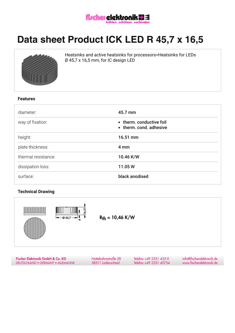 ICK LED R 45,7x16,5（45.7mm径）Fischer Elektronik LEDヒートシンク