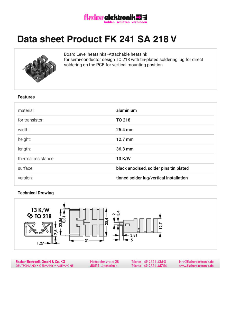 FK-241-SA-218-V | 13 K/W | フィッシャー | クリップオンヒートシンク