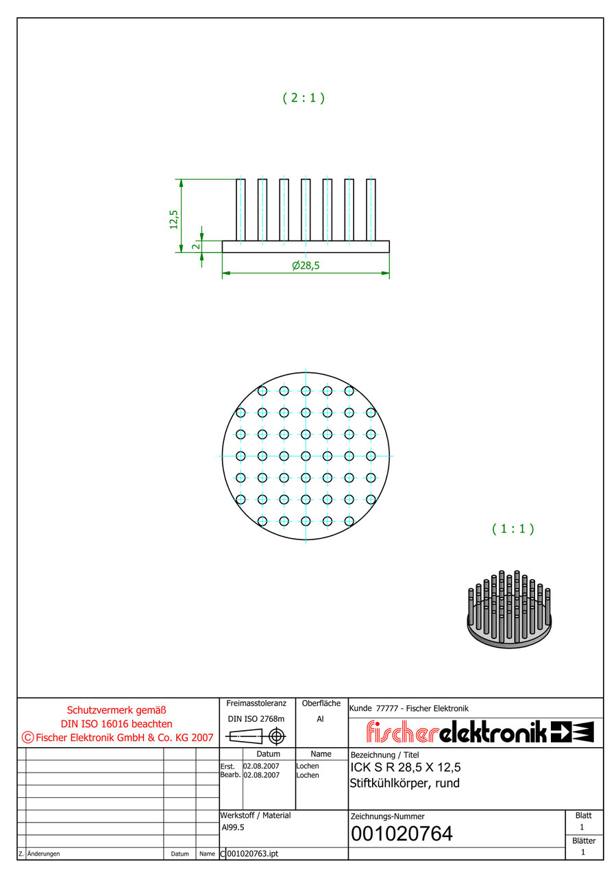 ICK S R 28,5 x 12,5 | 28.5mmφ x 12.5mm | 丸型ピンフィンヒートシンク（Al99.5) | Fischer Elektronik